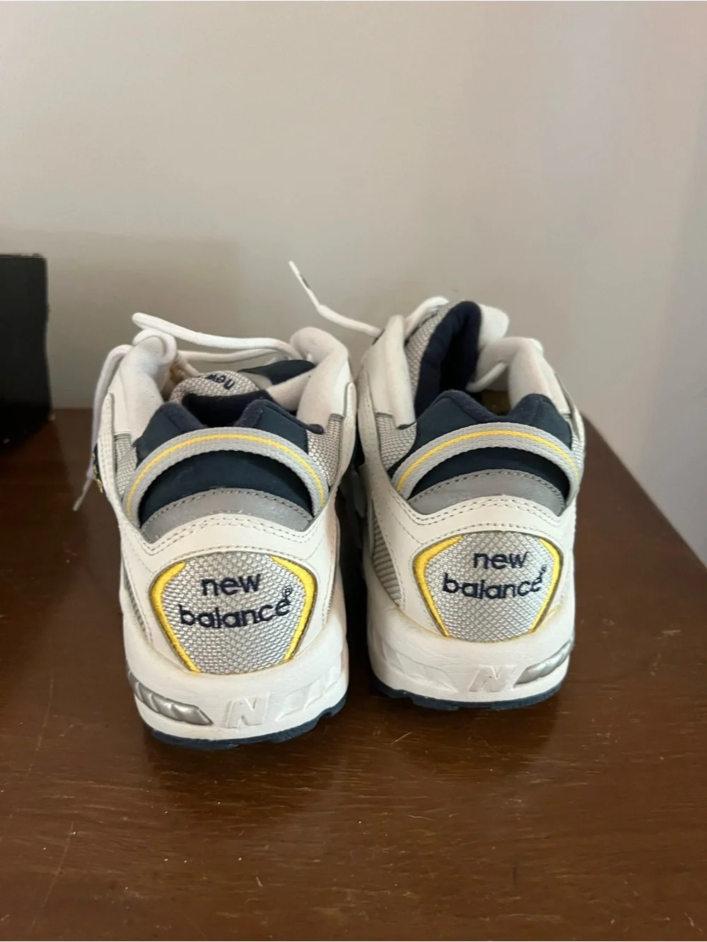 New Balance White Navy Athletic Sneakers with Yellow Accents